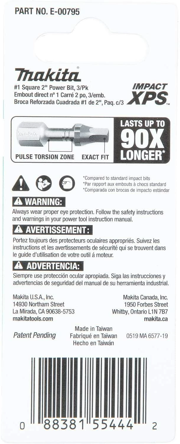 Makita E-00795 Impact XPS #1 Square 2" Power Bit, 3/pk 4 Makita E-00795 Impact XPS #1 Square 2" Power Bit, 3/pk - Image 4