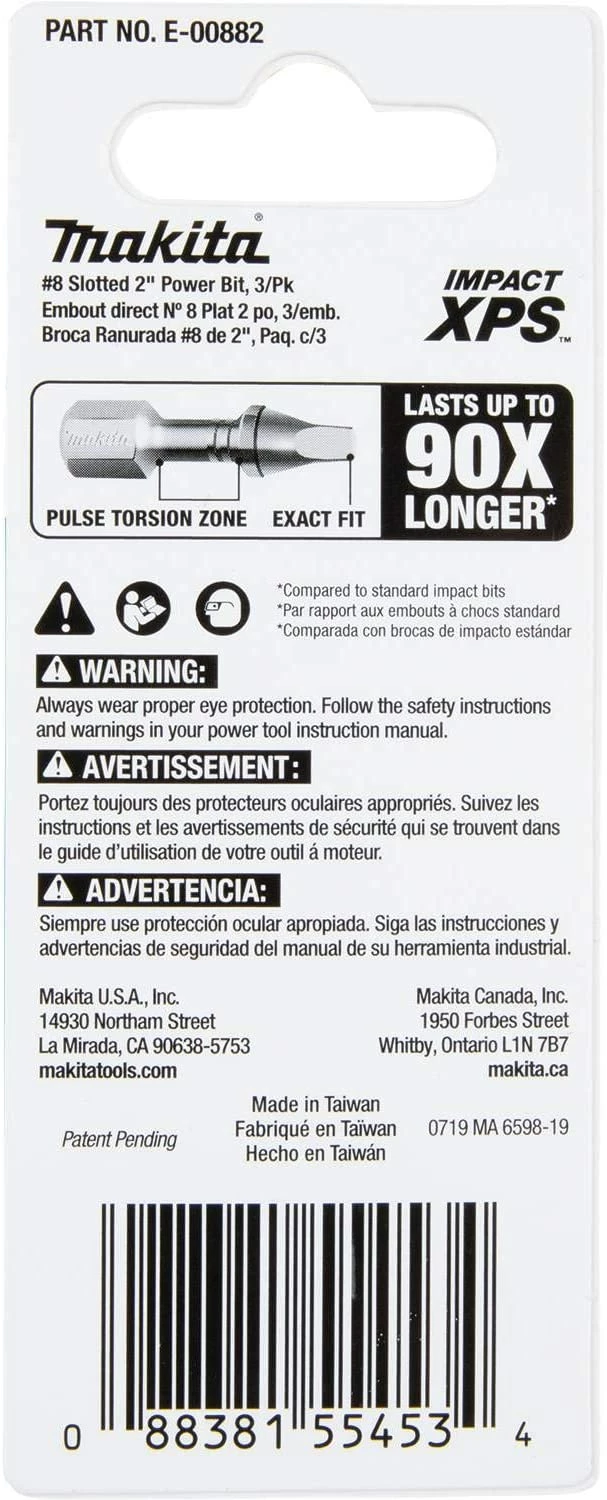 Makita E-00882 Impact XPS #8 Slotted 2" Power Bit, 3/pk 5 Makita E-00882 Impact XPS #8 Slotted 2" Power Bit, 3/pk - Image 5