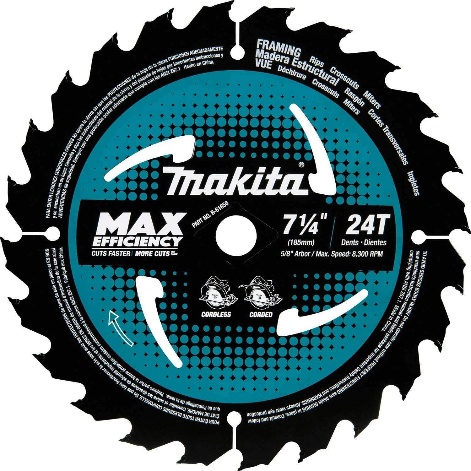 Makita B-61656 7-1/4" 24T Carbide-Tipped Max Efficiency Circular Saw Blade, Framing 1 Makita B-61656 7-1/4" 24T Carbide-Tipped Max Efficiency Circular Saw Blade, Framing