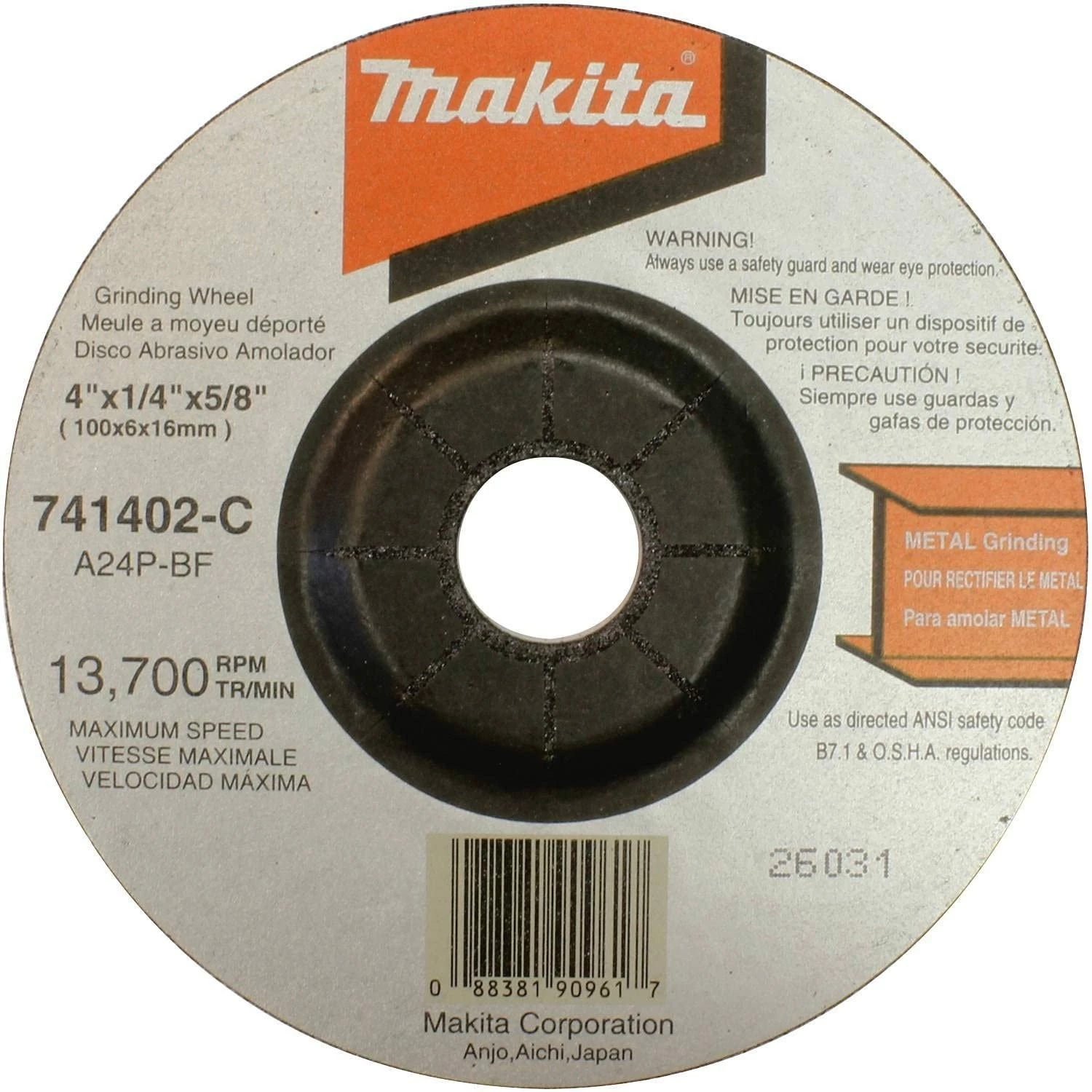 Makita 741402-9AP 4" x 5/8" x 1/4" Grinding Wheel, 24 Grit, General Purpose Metal, 5/Pk 1 Makita 741402-9AP 4" x 5/8" x 1/4" Grinding Wheel, 24 Grit, General Purpose Metal, 5/Pk