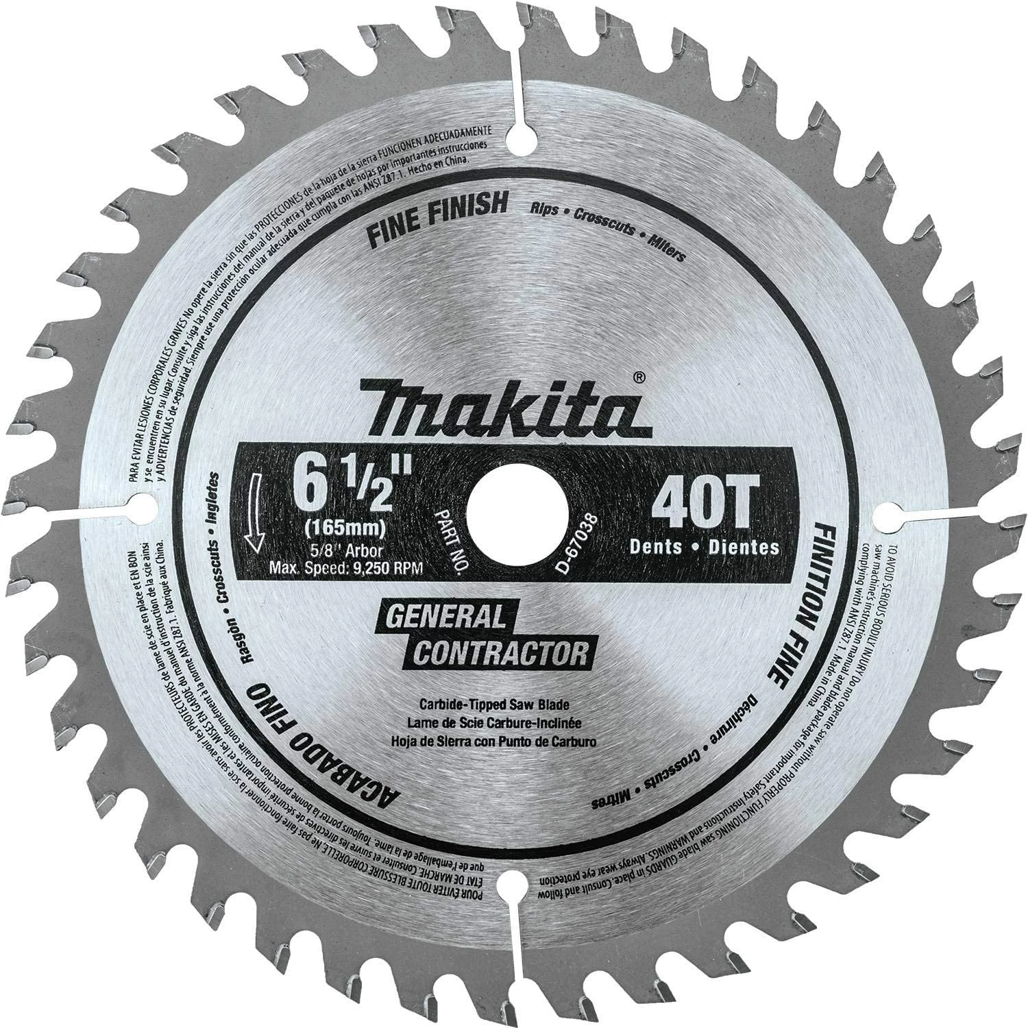 Makita D-67038 6-1/2" 40T Carbide-Tipped Circular Saw Blade, Fine Finish 1 Makita D-67038 6-1/2" 40T Carbide-Tipped Circular Saw Blade, Fine Finish