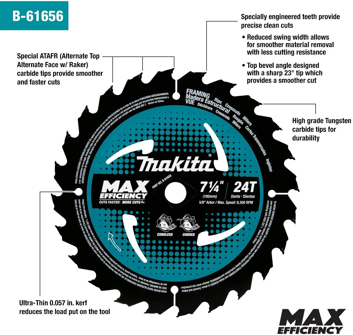 Makita B-61656 7-1/4" 24T Carbide-Tipped Max Efficiency Circular Saw Blade, Framing 5 Makita B-61656 7-1/4" 24T Carbide-Tipped Max Efficiency Circular Saw Blade, Framing - Image 5