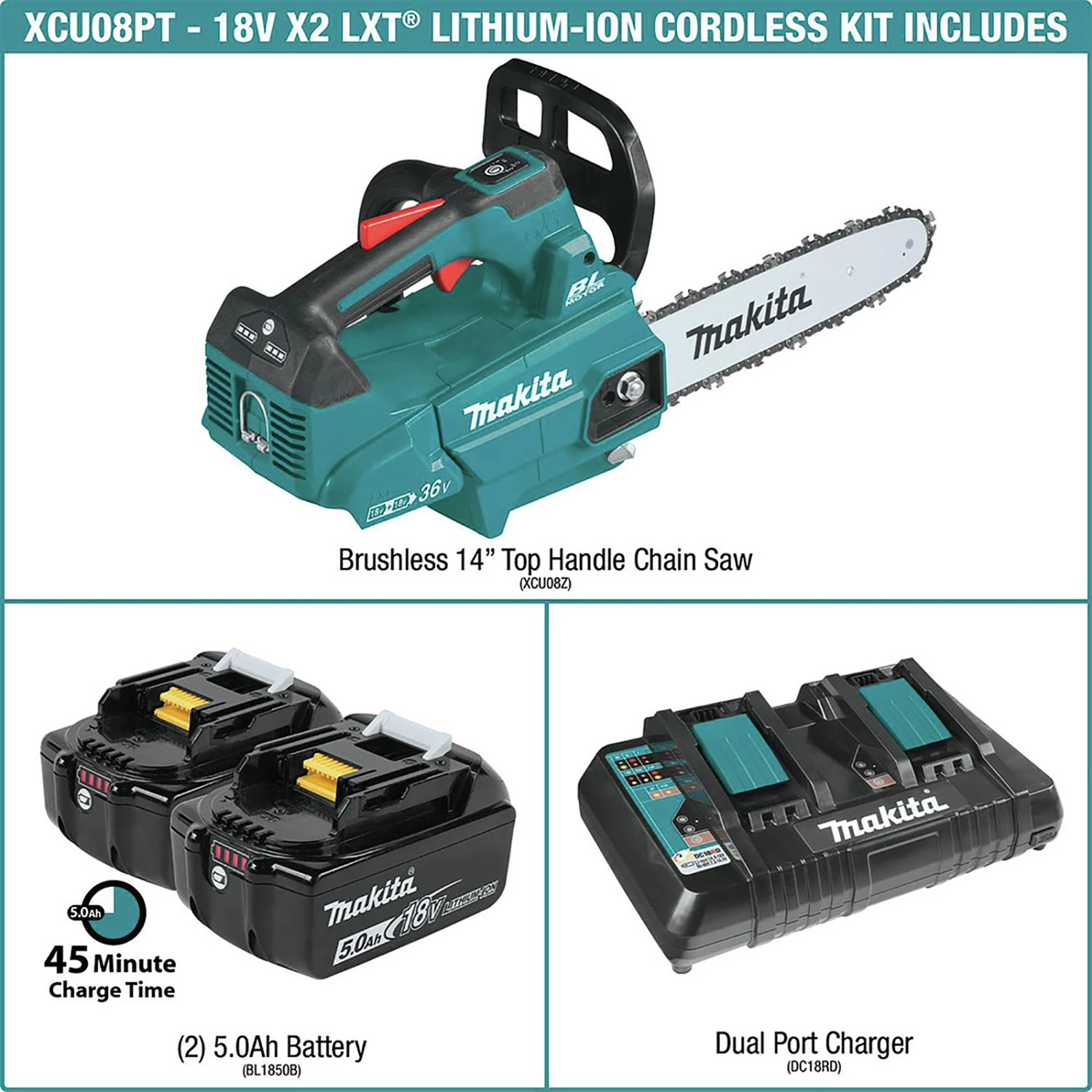 Makita XCU08PT 18V X2 (36V) LXT Lithium-Ion Brushless Cordless 14 in. Top Handle Chain Saw Kit (5 Ah) 2 Makita XCU08PT 18V X2 (36V) LXT Lithium-Ion Brushless Cordless 14 in. Top Handle Chain Saw Kit (5 Ah) - Image 2