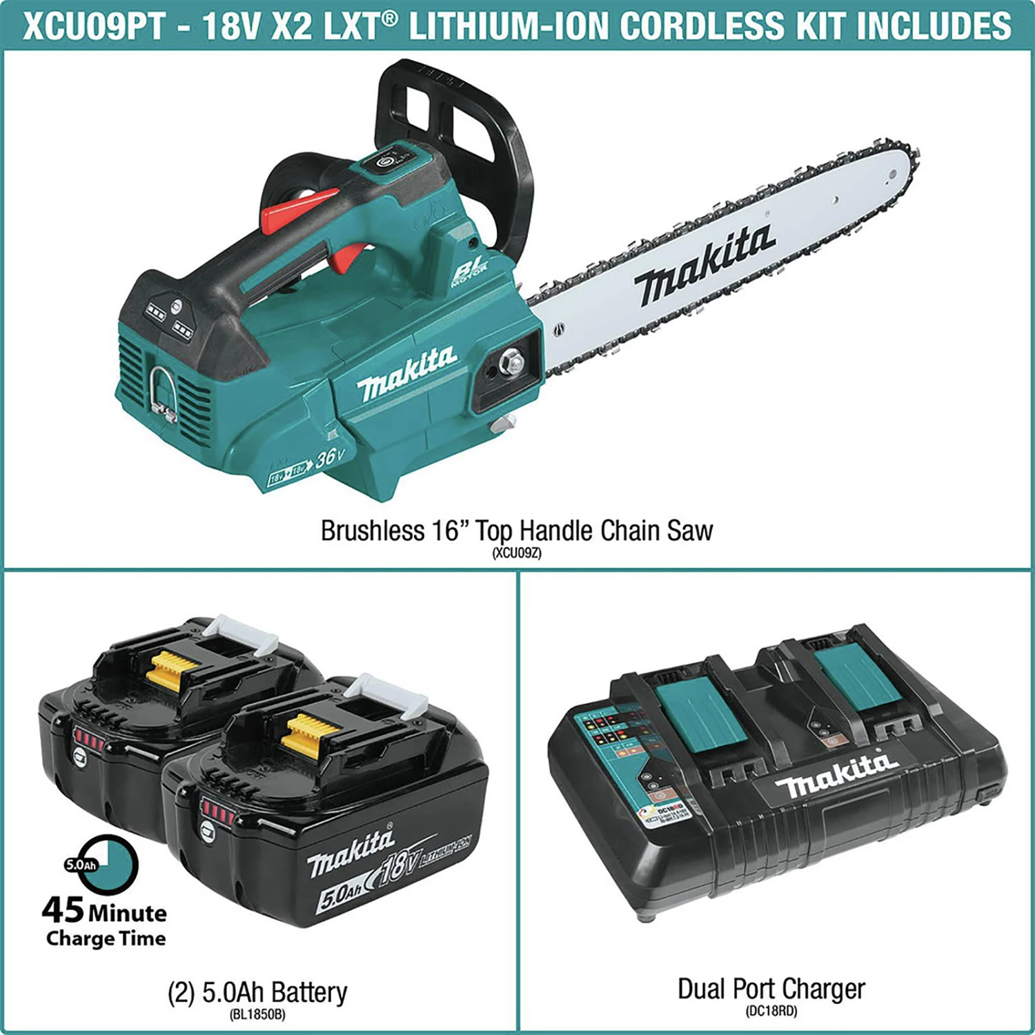 Makita XCU09PT 18V X2 (36V) LXT Lithium-Ion Brushless Cordless 16 in. Top Handle Chain Saw Kit (5 Ah) 2 Makita XCU09PT 18V X2 (36V) LXT Lithium-Ion Brushless Cordless 16 in. Top Handle Chain Saw Kit (5 Ah) - Image 2
